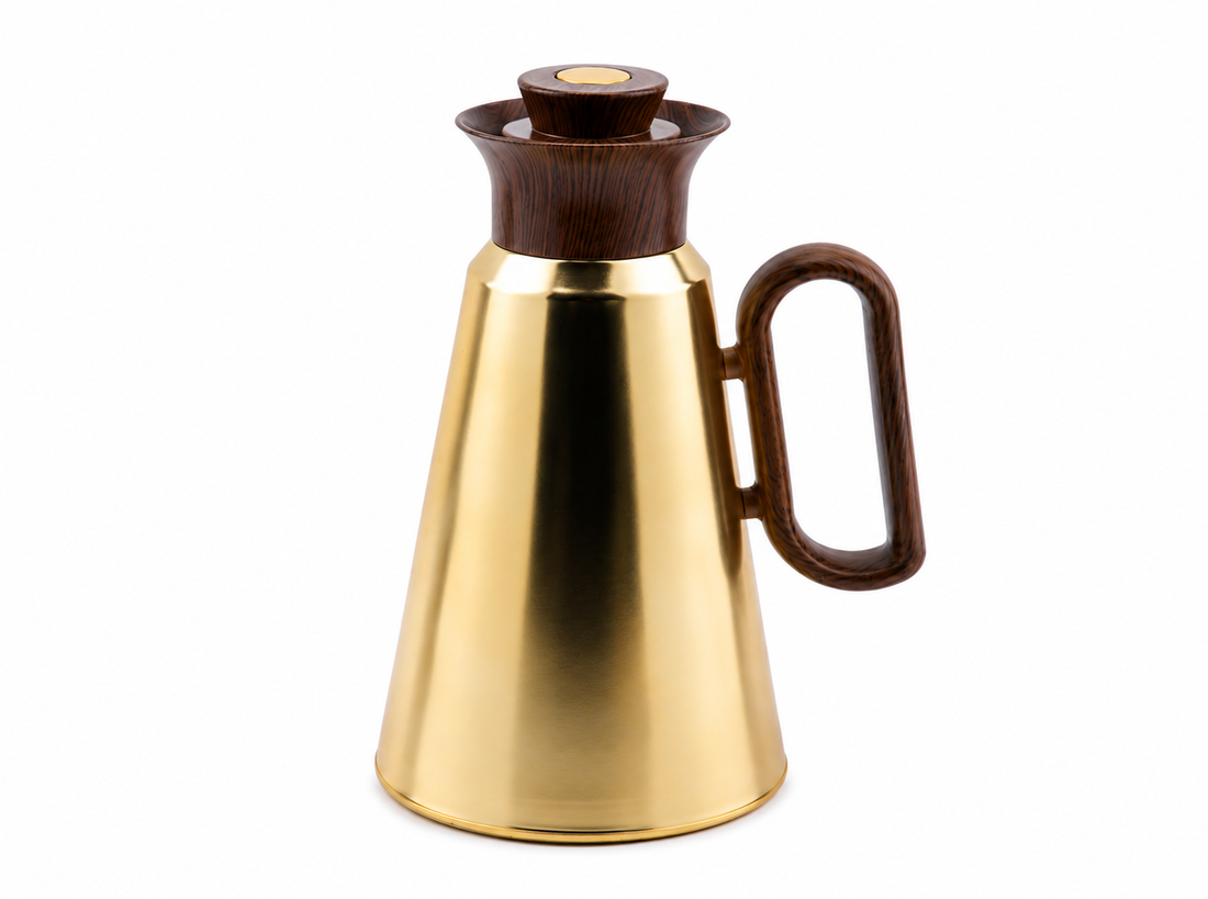 Pre-order Arriving July 2026 - Mirage Vacuum Flask – Gold & Dark Wood (1L)