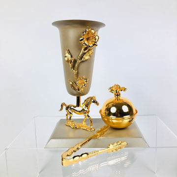 Royal Stallion Bakhoor Set – Elegant Taupe & Gold Incense Burner with Accessories