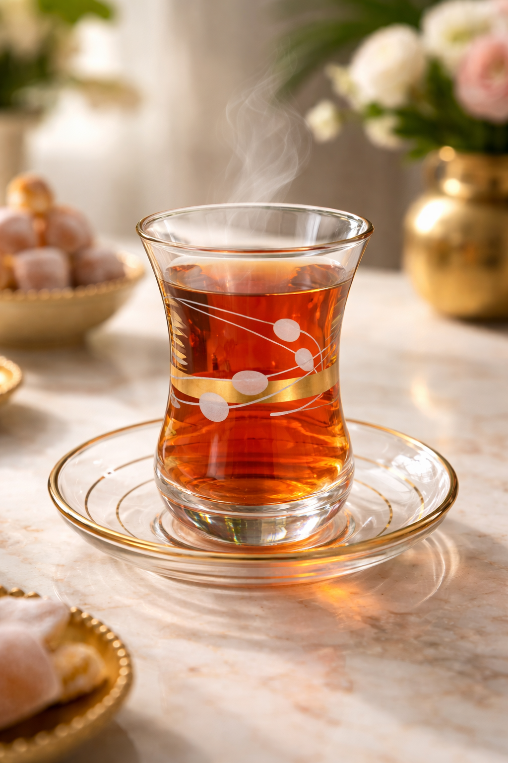 Aura Tea Glass Set – Gold Wave (6 Cups & 6 Saucers)