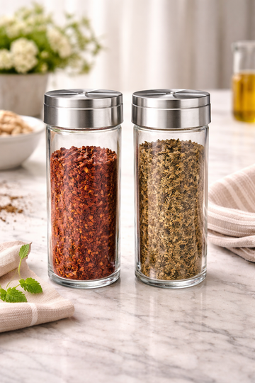 Essential Tall Spice Shaker Set – Glass & Steel (2 Pieces)