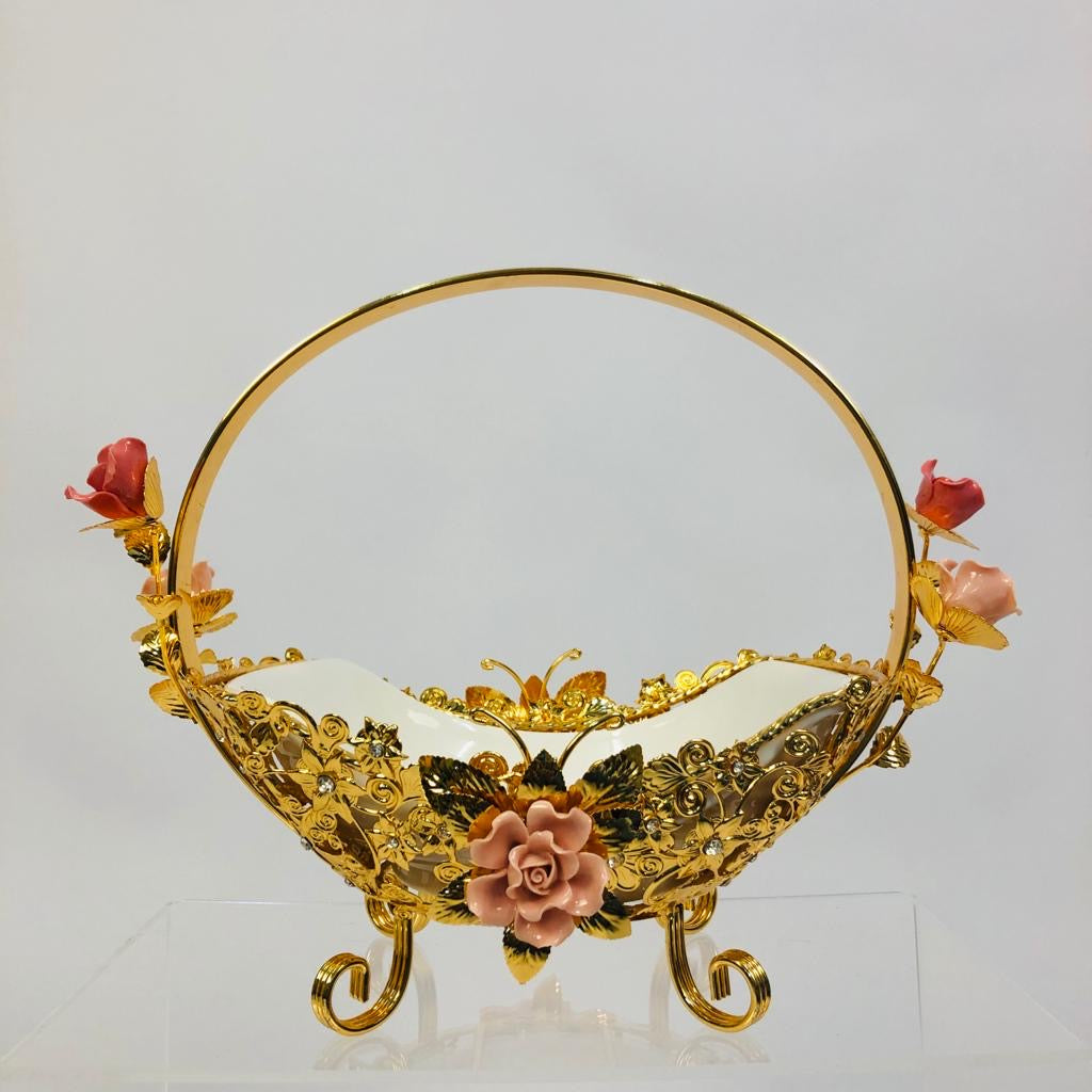 Floral Elegance Serving Basket” – Gold & Pink Decorative Bowl