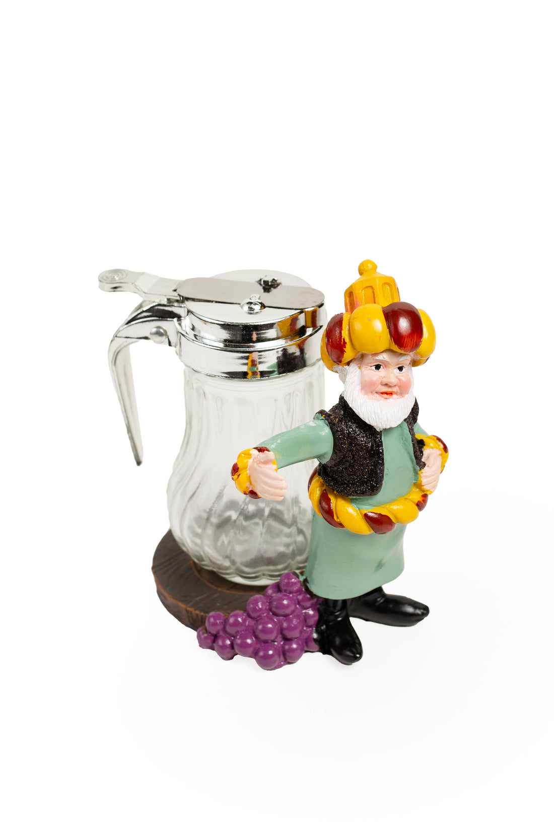 Glass Syrup Dispenser with Hand-Painted Figurine Base