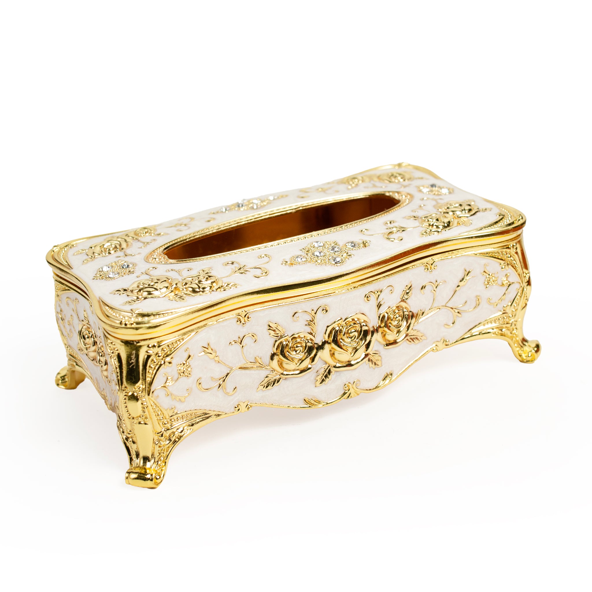 Luxury Gold & White Tissue Box Holder with Floral Design