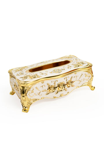 Luxury Gold & White Tissue Box Holder with Floral Design