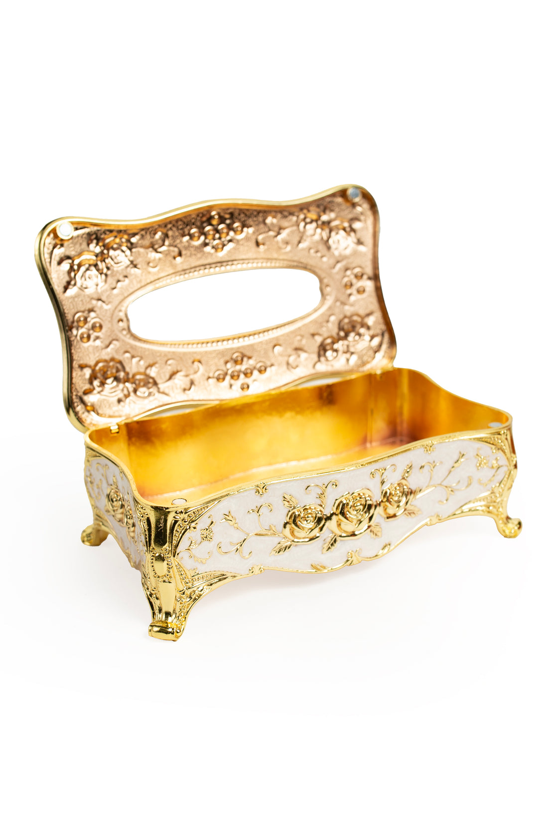 Luxury Gold & White Tissue Box Holder with Floral Design