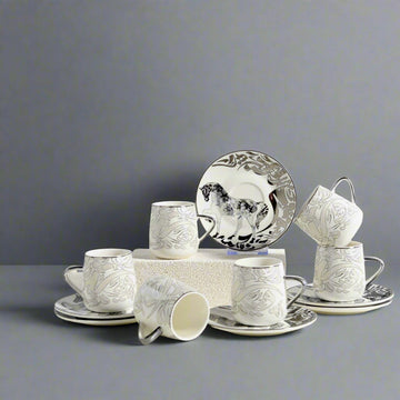 Saheel Luxury Porcelain Coffee Cup Set – Silver Calligraphy & Horse Design