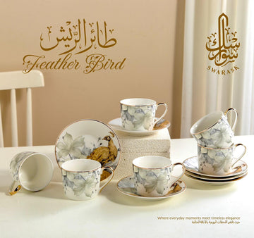 Feather Bird Luxury Porcelain Coffee Cup Set – Floral & Gold Accents