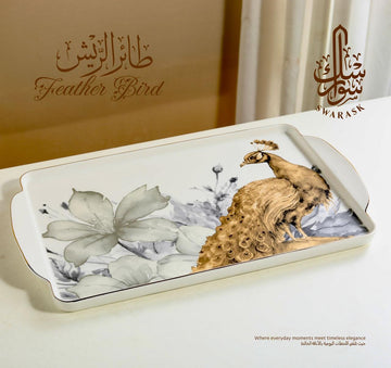 Feather Bird Luxury Porcelain Serving Tray – Peacock & Floral Design