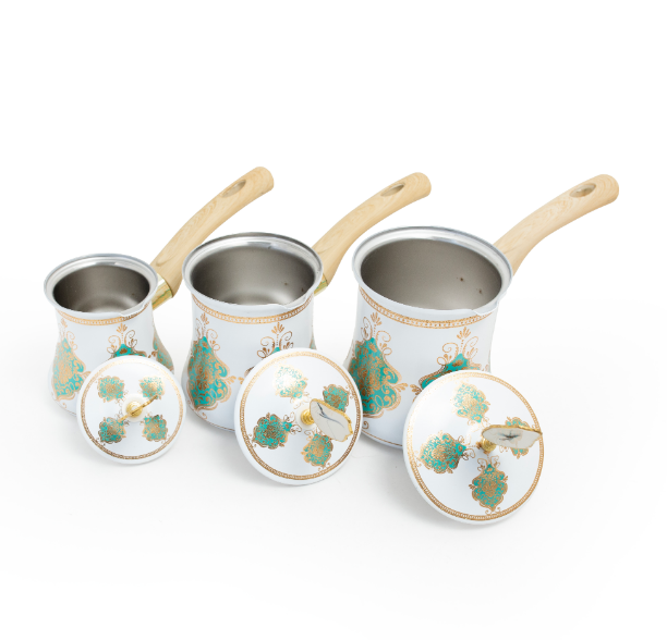 3-Piece Ornate Turkish Coffee Pot Set with Lids – White, Gold & Teal Design
