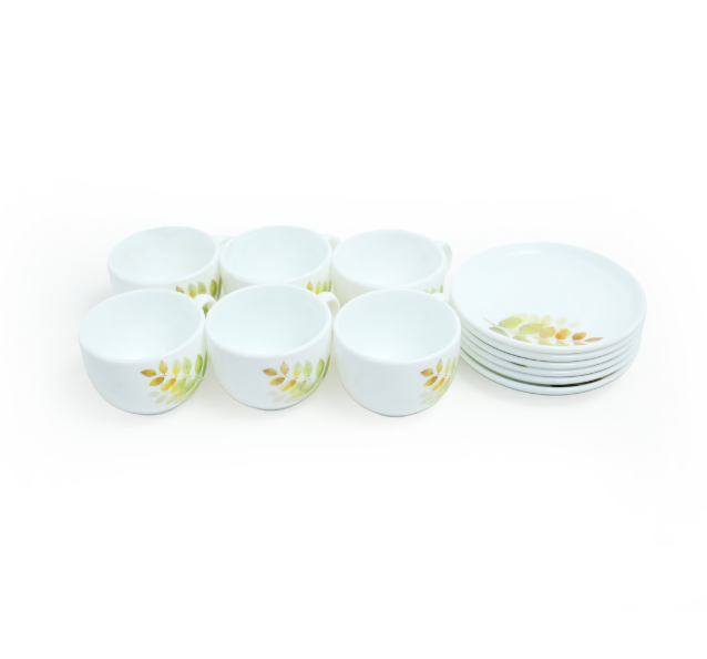 12-Piece Teacup & Saucer Set with Leaf Print – Green & Gold Accent