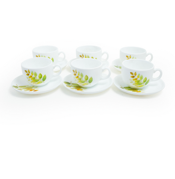 12-Piece Teacup & Saucer Set with Leaf Print – Green & Gold Accent