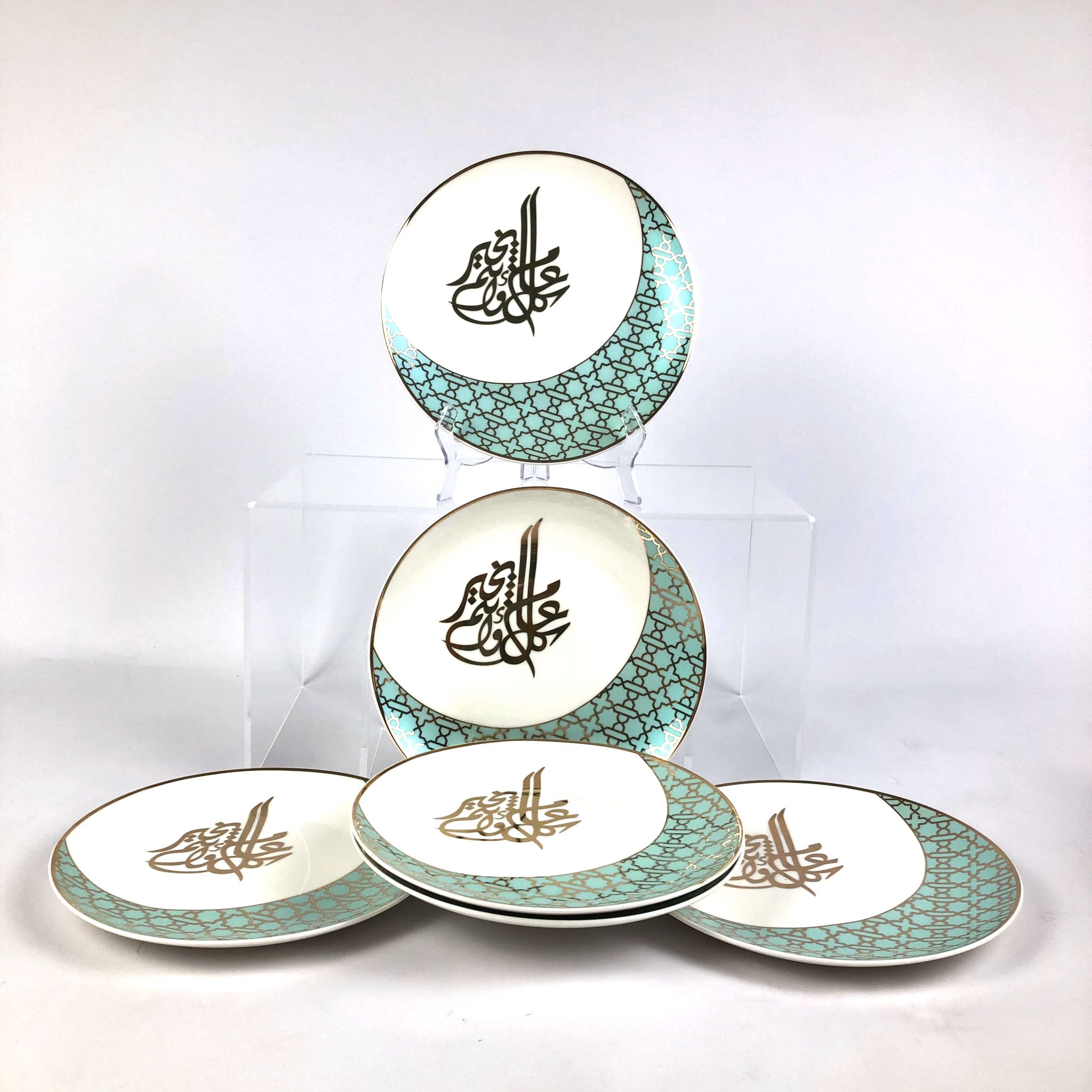 KANZ Luxury Ramadan Dessert Plate Set – Elegant Gold & Teal Design (Set of 6)