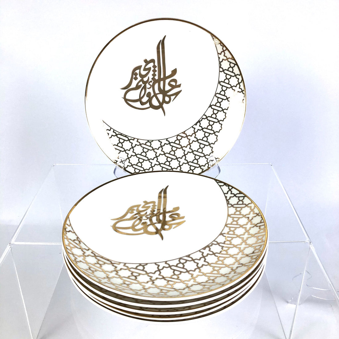 KANZ Luxury Ramadan Dessert Plate Set – Elegant Gold & White Design (Set of 6)