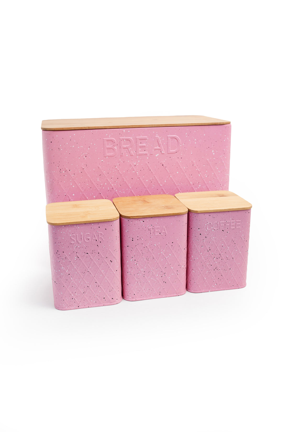 Pink Speckled Metal Canister Set with Bamboo Lids – Bread, Tea, Sugar, Coffee (4-Piece)
