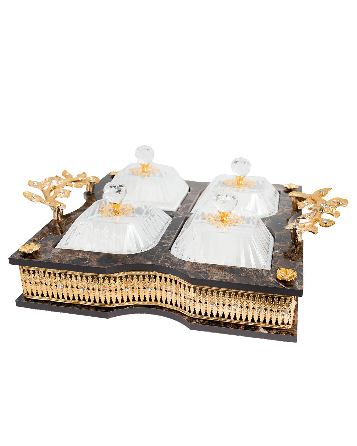 Elegant 4-Piece Serving Tray with Acrylic Lids & Marble-Finish Base